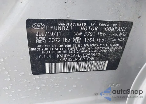 2012 Hyundai Elantra Gls (Ulsan Plant) z USA, uszkodzony, nr VIN KMHDH4AE6CU253652